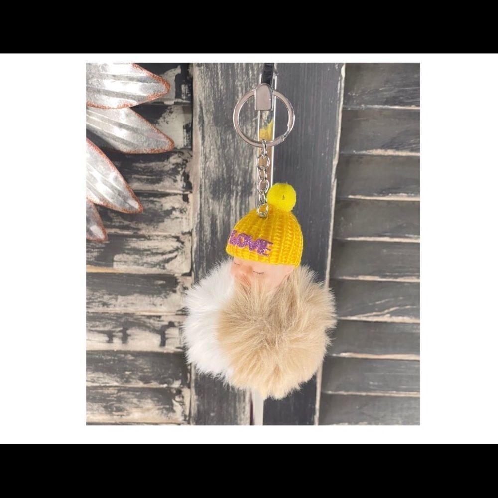 Pom Baby Keychain-Tan & White Pom w/Yellow Hat, Purple Love